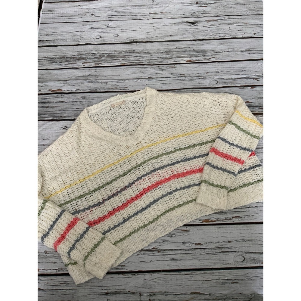 Altar'd‎ State Womens Cropped Rainbow Stripe Knit Sweater Ivory V-Neck Medium